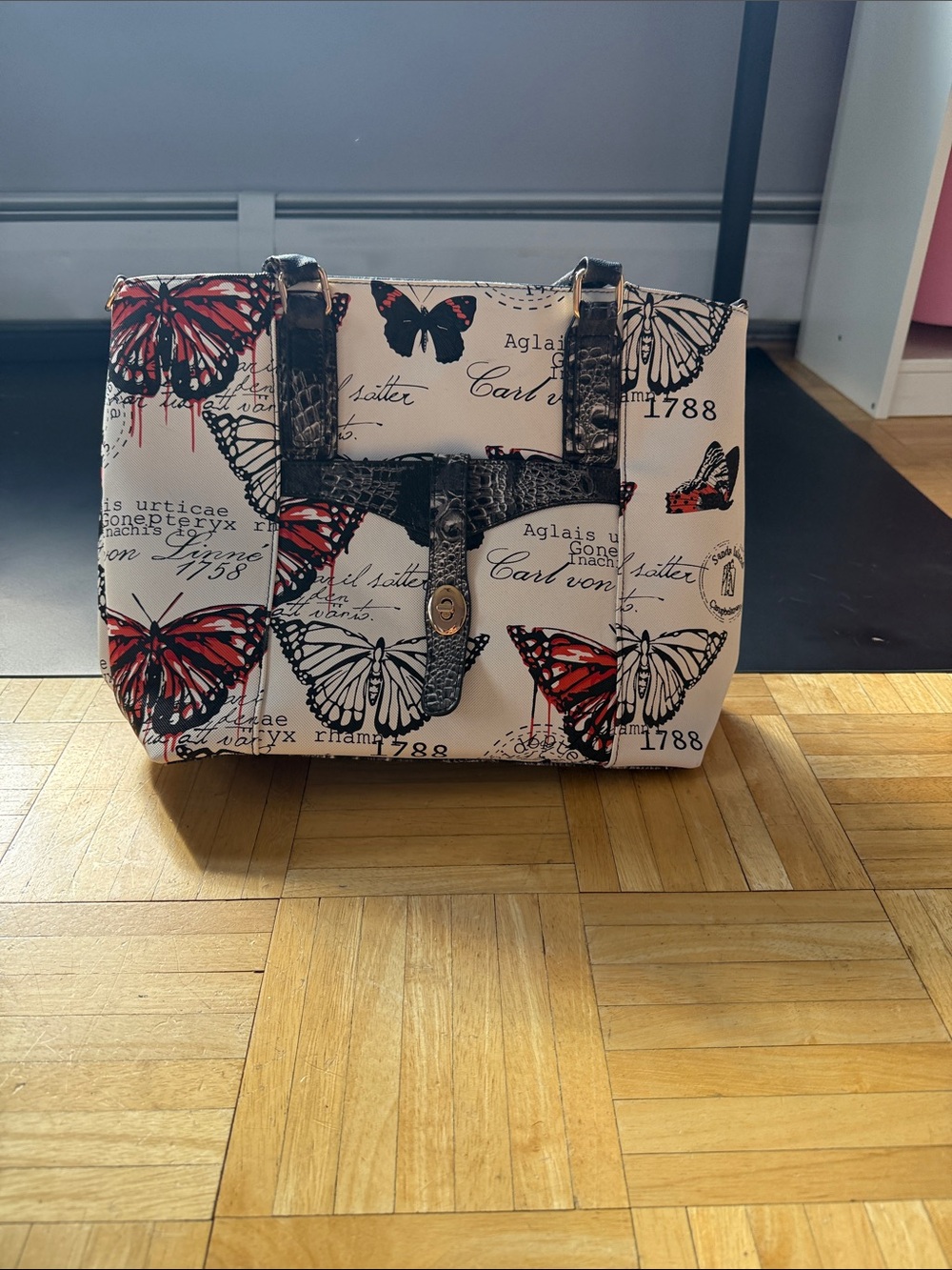 Butterfly Print Tote Bag with Black Trim